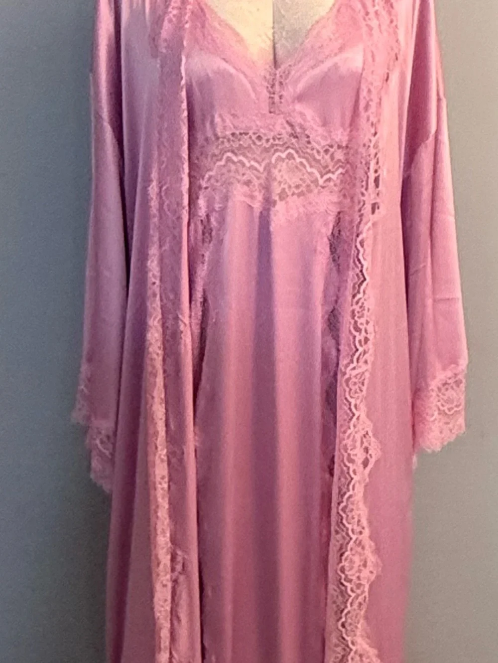 Victoria Secret Long Satin Pink Lace Trim Satin Nightgown & Robe Set